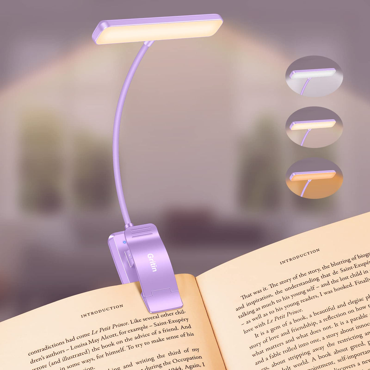 Gritin 19 LED Rechargeable Book Light for Reading in Bed with Memory Function- Eye Caring 3 Color Temperatures,Stepless Dimming Brightness,90 Hrs Runtime Lightweight Clip on Light for Book Lovers