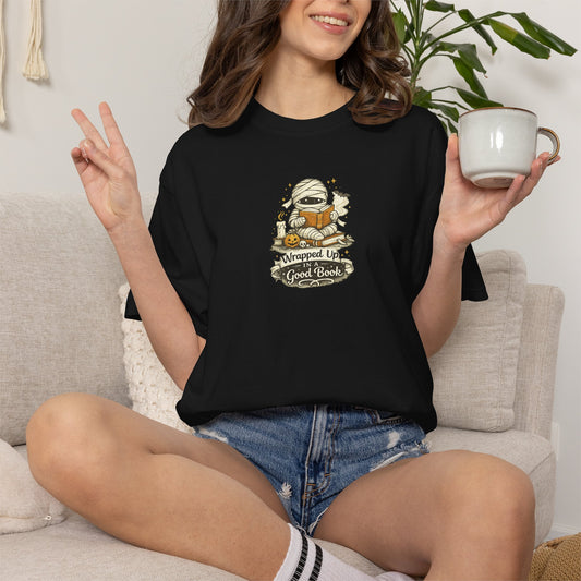 Wrapped Up in a Good Book Shirt | Cute Halloween Book Lover Tee | Bookworm Fall T-Shirt | Spooky Reader Gift | Cozy Bookish Shirt