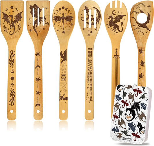 Romantasy Dark Academia Fourth Wings Dragon Engraved Bamboo Spoons Gifts Set | Gothic Kitchen Utensils for Fantasy Lovers, Fantasy Novel Reader Gifts, Halloween Birthday Holiday Present