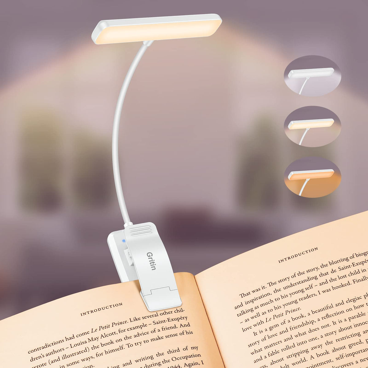 Gritin 19 LED Rechargeable Book Light for Reading in Bed with Memory Function- Eye Caring 3 Color Temperatures,Stepless Dimming Brightness,90 Hrs Runtime Lightweight Clip on Light for Book Lovers