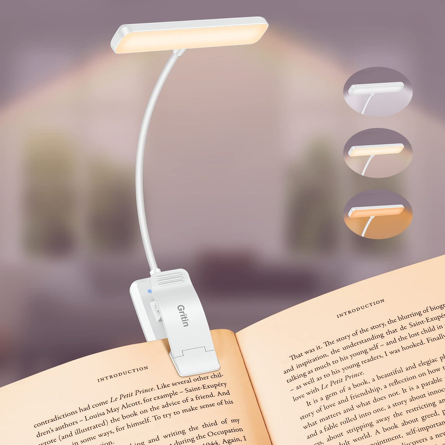 Gritin 19 LED Rechargeable Book Light for Reading in Bed with Memory Function- Eye Caring 3 Color Temperatures,Stepless Dimming Brightness,90 Hrs Runtime Lightweight Clip on Light for Book Lovers
