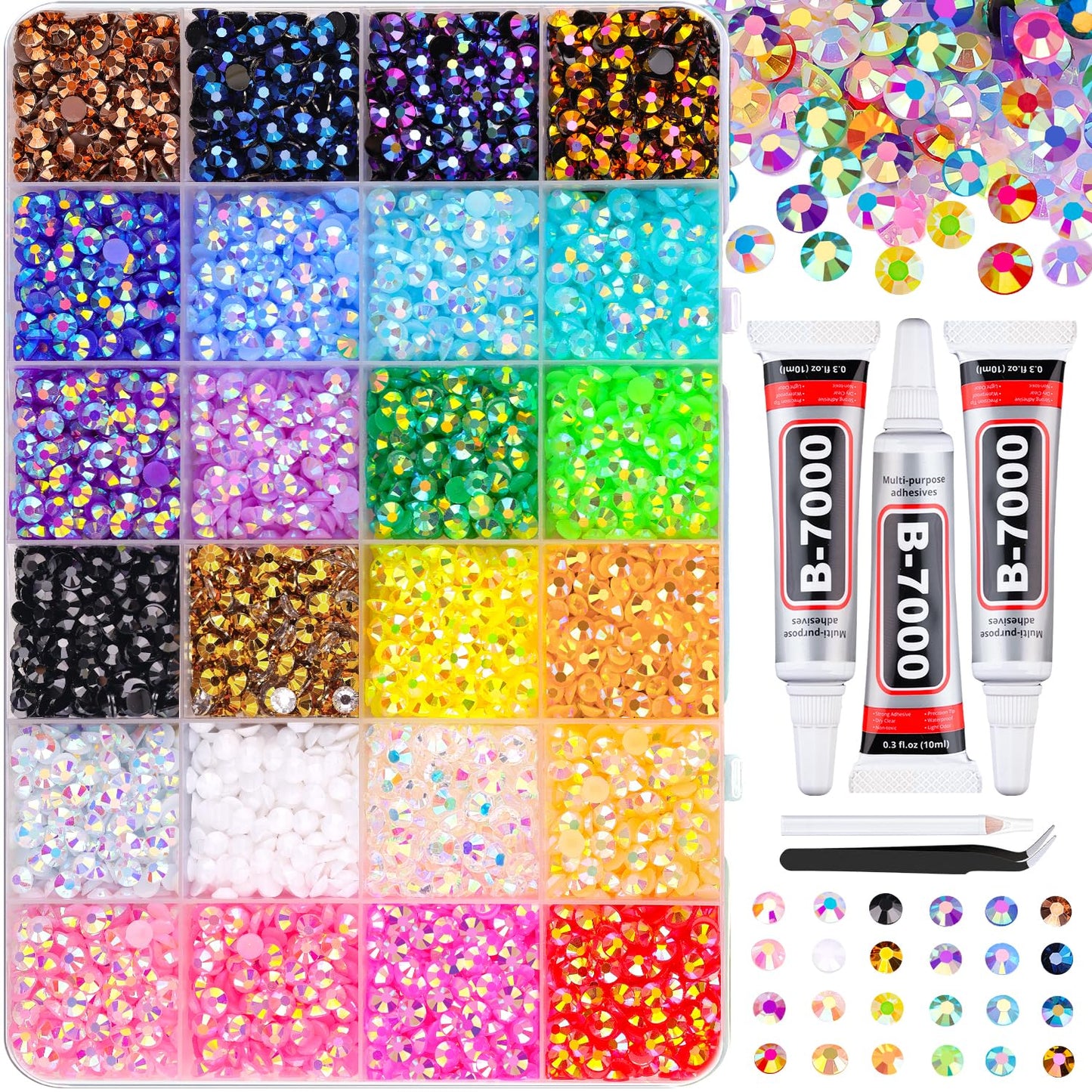 34000Pcs Resin Jelly Rhinestones for Bedazzling, Multicolor 3mm Flatback Gems for Diamond Art, Bedazzler Kit with 3Pcs 10ml B7000 Jewelry Glue for Bedazzle Thing Crafting Book Nail Art