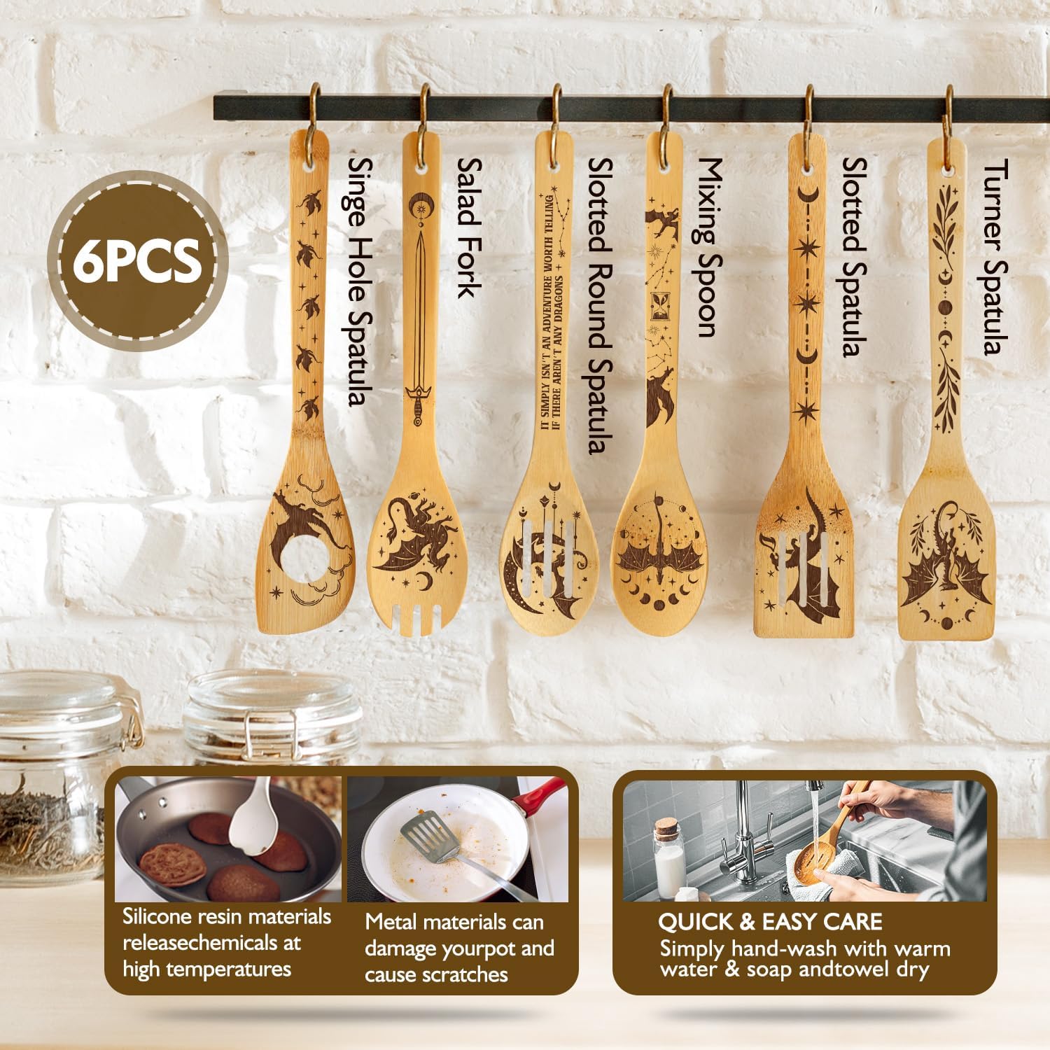 Romantasy Dark Academia Fourth Wings Dragon Engraved Bamboo Spoons Gifts Set | Gothic Kitchen Utensils for Fantasy Lovers, Fantasy Novel Reader Gifts, Halloween Birthday Holiday Present