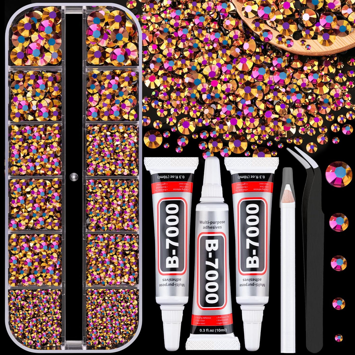 34000Pcs Resin Jelly Rhinestones for Bedazzling, Multicolor 3mm Flatback Gems for Diamond Art, Bedazzler Kit with 3Pcs 10ml B7000 Jewelry Glue for Bedazzle Thing Crafting Book Nail Art
