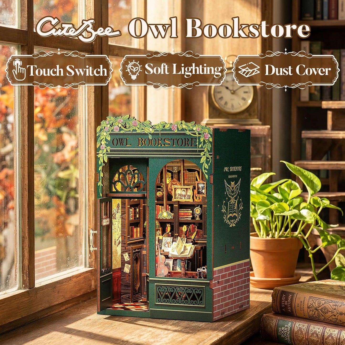 CUTEBEE Book Nook Kit - DIY Miniature House Kit for Adults, Teens and Beginners, Dollhouse Booknook Library Tiny House Bookshelf Decor 3D Wooden Puzzle, Gifts for Family, Friends (Owl Bookstore)