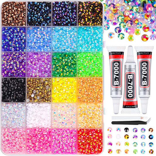 34000Pcs Resin Jelly Rhinestones for Bedazzling, Multicolor 3mm Flatback Gems for Diamond Art, Bedazzler Kit with 3Pcs 10ml B7000 Jewelry Glue for Bedazzle Thing Crafting Book Nail Art