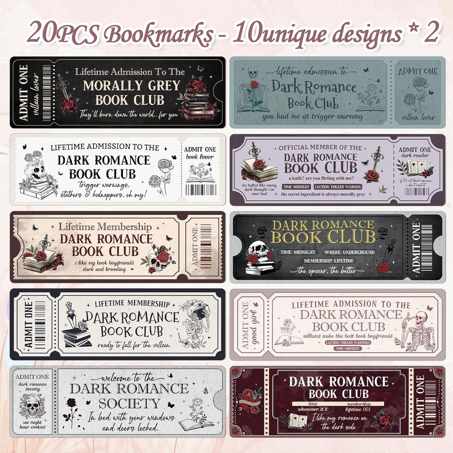 Wxiben Dark Romance Bookmarks Gifts - 20 Pcs Book Club Bookmark Skeleton Flower Book Marks Gothic Romantasy Book Mark Page Marker Clip Gift for for Women Girls Romance Reader Students Teachers Bookish
