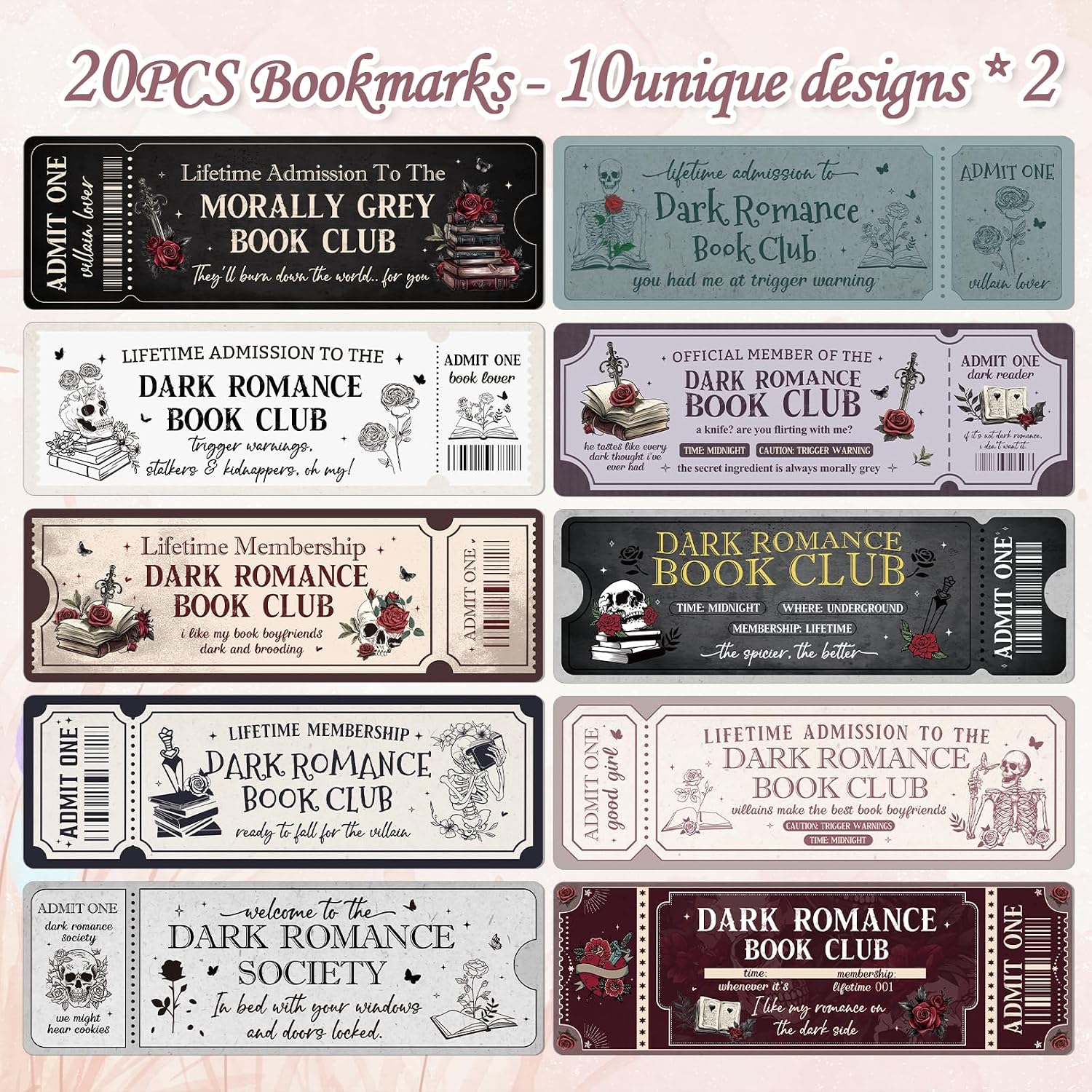 Wxiben Dark Romance Bookmarks Gifts - 20 Pcs Book Club Bookmark Skeleton Flower Book Marks Gothic Romantasy Book Mark Page Marker Clip Gift for for Women Girls Romance Reader Students Teachers Bookish