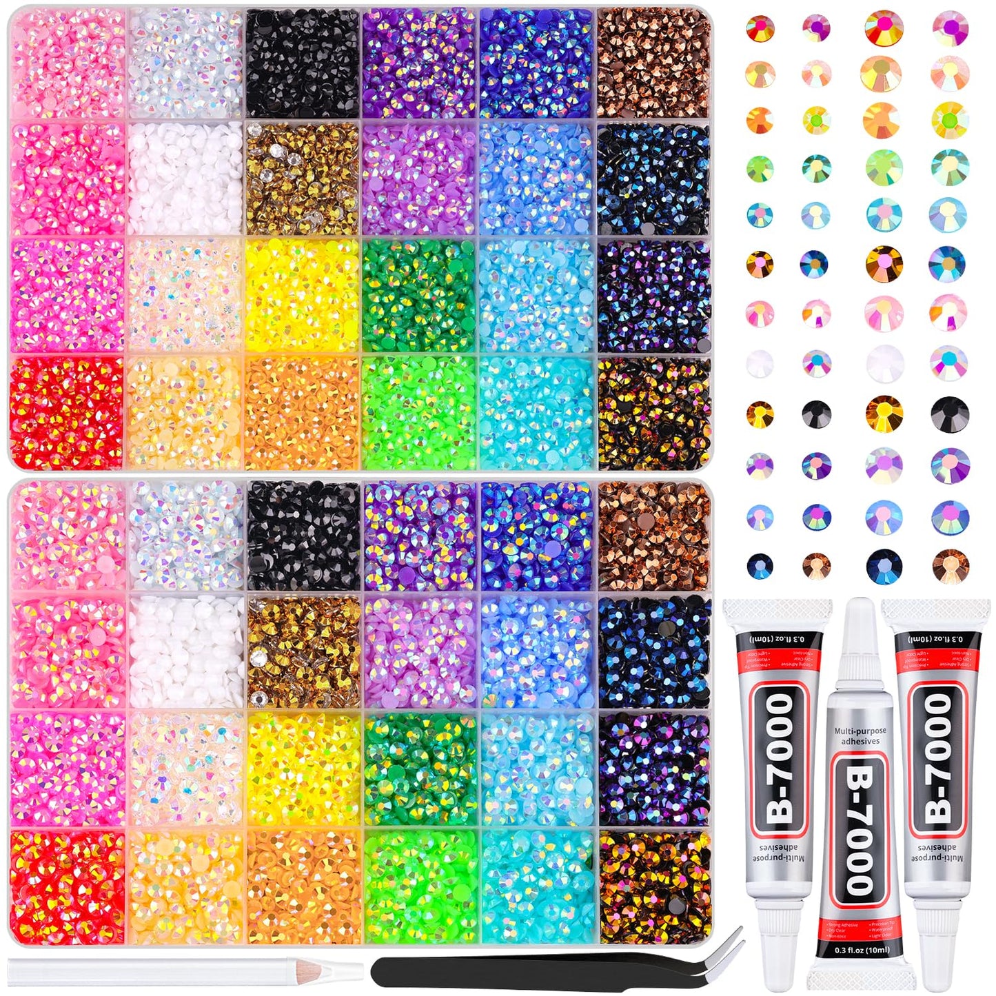 34000Pcs Resin Jelly Rhinestones for Bedazzling, Multicolor 3mm Flatback Gems for Diamond Art, Bedazzler Kit with 3Pcs 10ml B7000 Jewelry Glue for Bedazzle Thing Crafting Book Nail Art