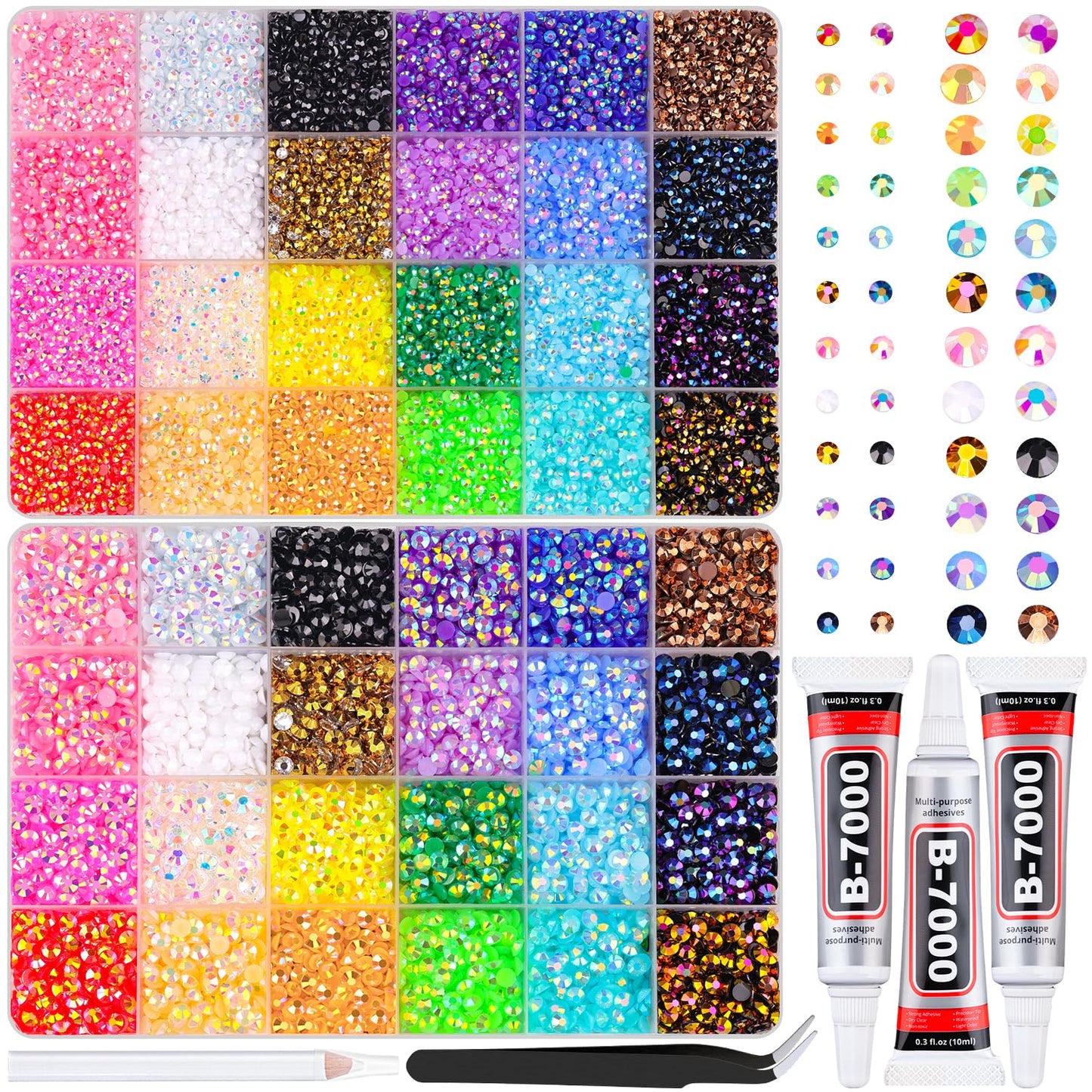 34000Pcs Resin Jelly Rhinestones for Bedazzling, Multicolor 3mm Flatback Gems for Diamond Art, Bedazzler Kit with 3Pcs 10ml B7000 Jewelry Glue for Bedazzle Thing Crafting Book Nail Art