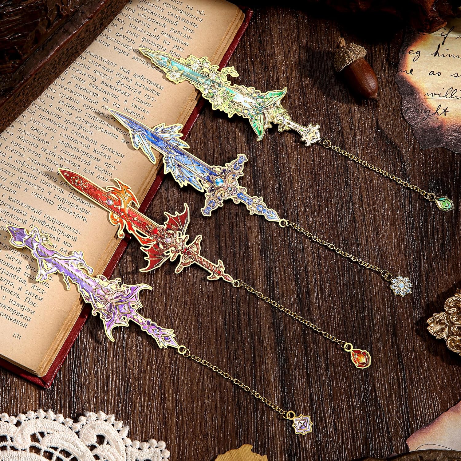 4pcs Fantasy Sword Bookmarks for Books, Journals, Planners - Cool Metal Book Markers for Reading Women & Men, Unique Book Marks Gifts for Book Lovers, Reading Accessories for Students & Adults & Kids
